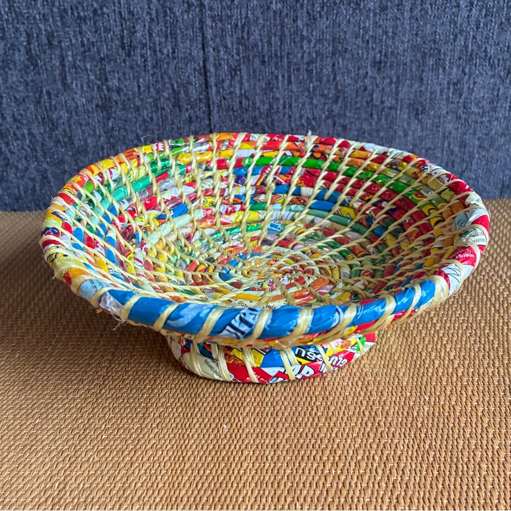 Artisan Crafted Pedestal Basket Recycled Food Wrappers Handmade Nepal